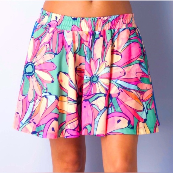 Adidas Originals x Farm Bananas Flared mini Skirt S tropical floral pink NWOT - Picture 3 of 13